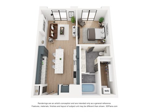 Floor plan for 1 bed, 1 bath, 882 sqft